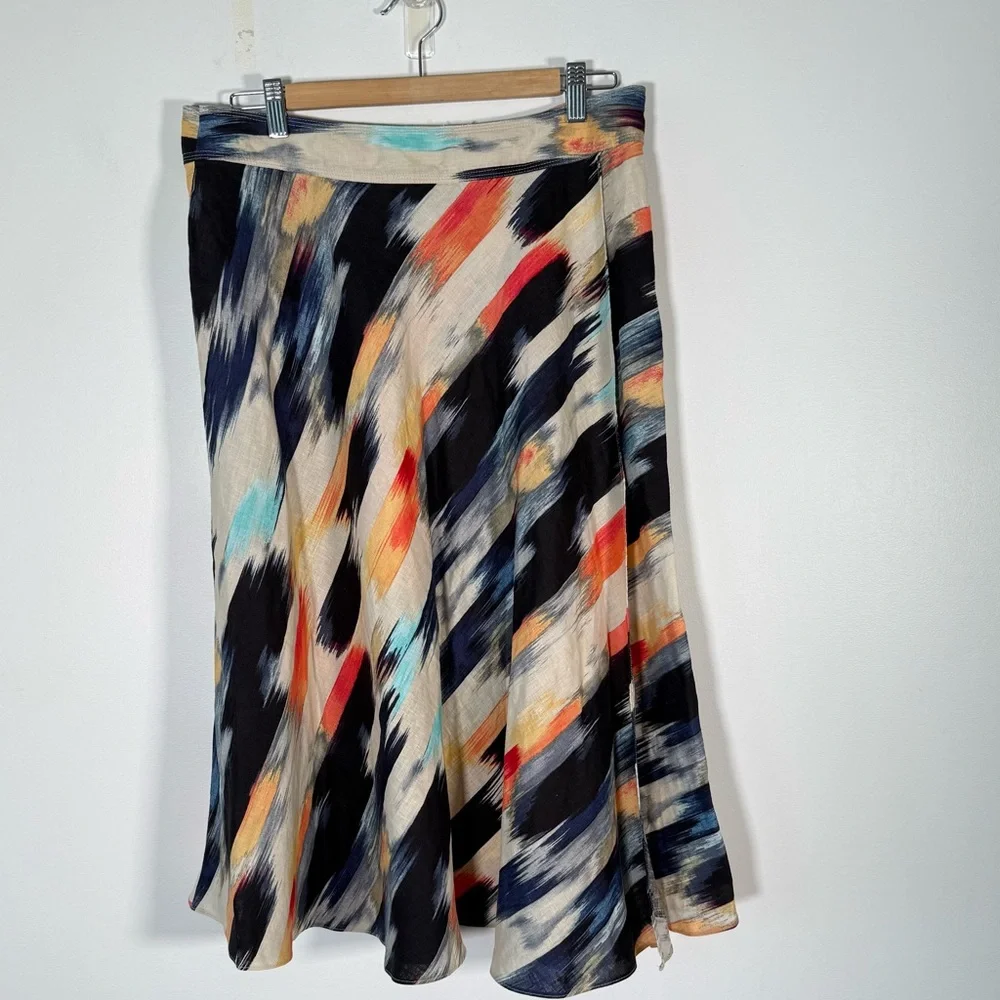 DKNY 100% Linen Paintbrush Strokes Midi Skirt Faux Wrap A Line Artsy 12 - Picture 2 of 10